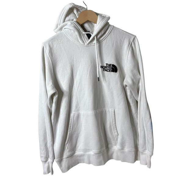 The North Face Pullover Hoodie Sweatshirt Drawstring Fleece White Logo Medium - Picture 1 of 8